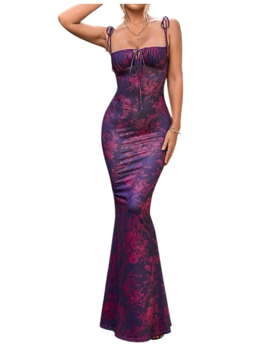 Marthea Floral Mermaid Maxi Dress M Purple Pink Bodycon Y2K Slip Spaghetti Strap